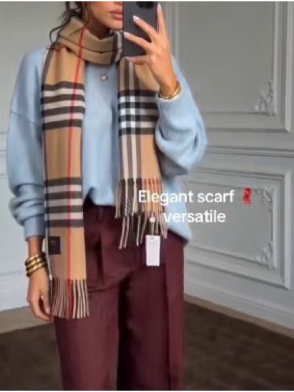 Wool Blend Beige Plaid Fringe Scarf - Women's Neutral Wrap